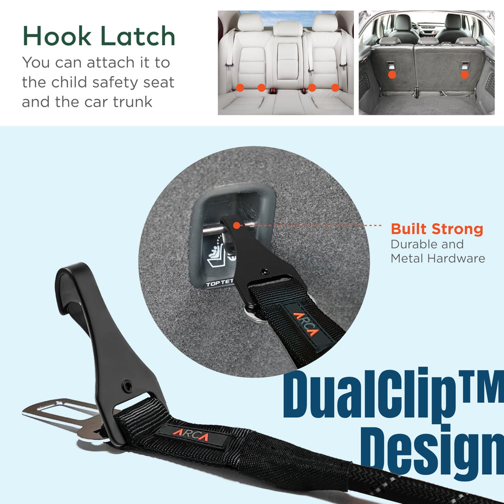 ARCA PET Bucle-doble-seguridad ofrece fijación confiable en coche y asiento.