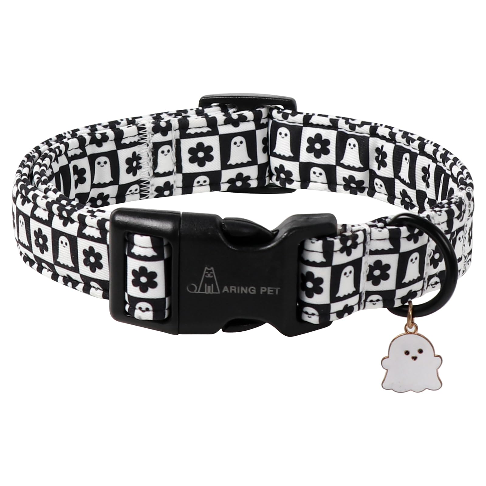 Collar ARING PET Halloween con flor fantasma en blanco y negro, ideal para fiestas caninas.