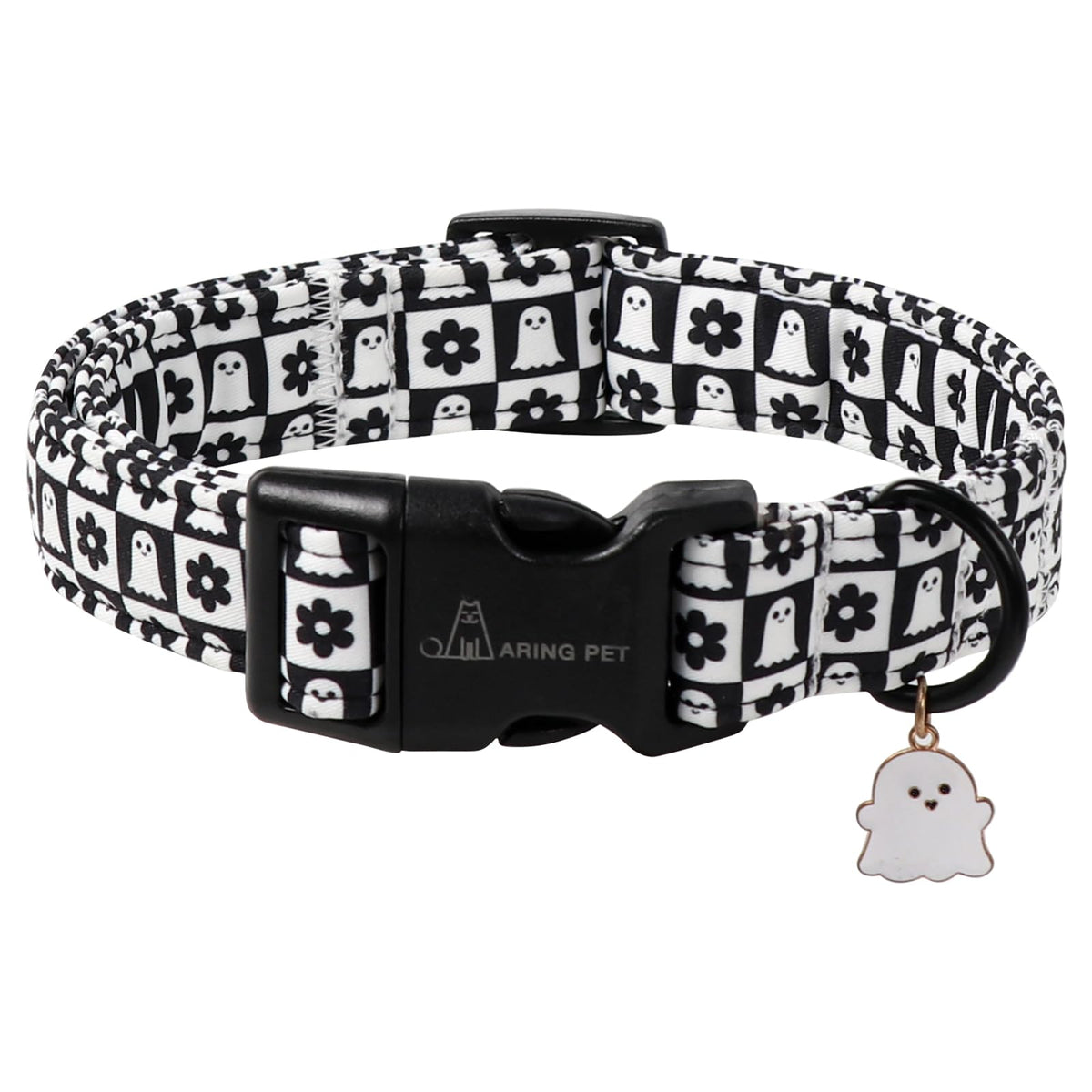 Collar ARING PET Halloween con flor fantasma en blanco y negro, ideal para fiestas caninas.