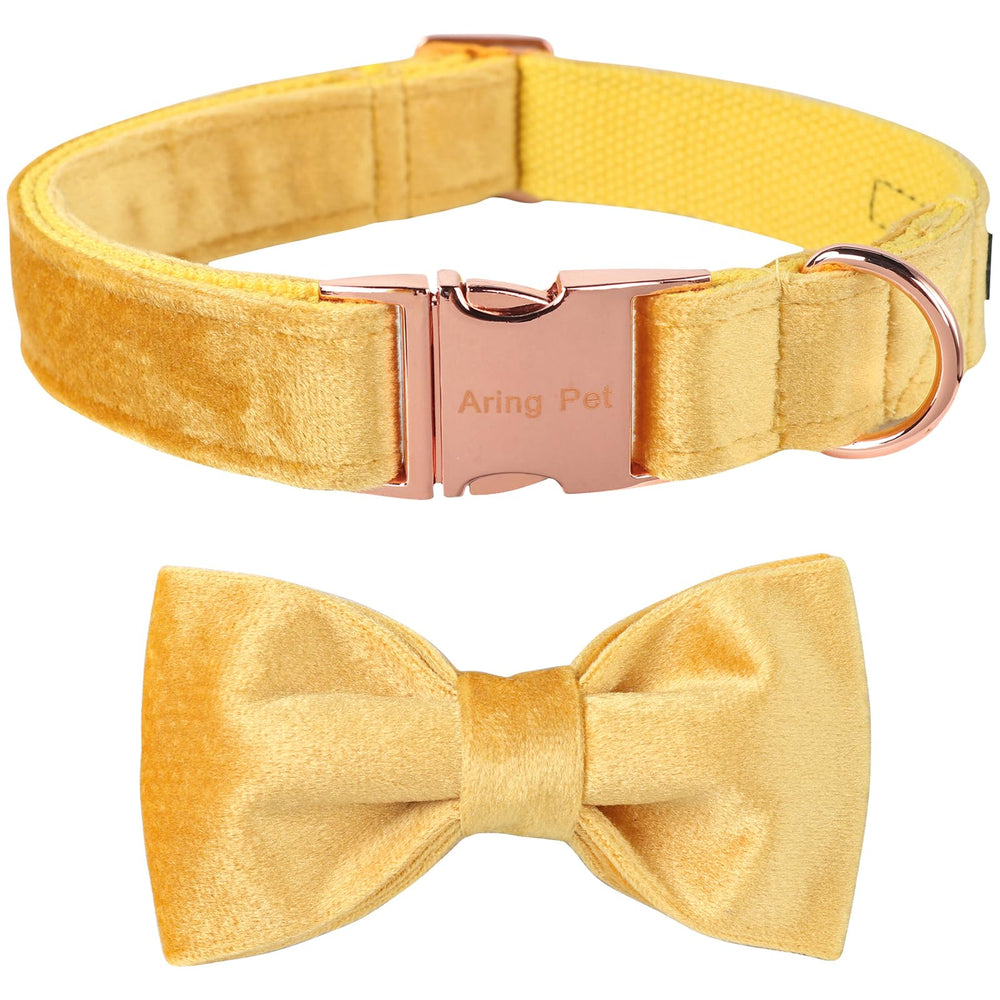 Collar Aring Pet con lazo desmontable en terciopelo amarillo, ideal para fiestas