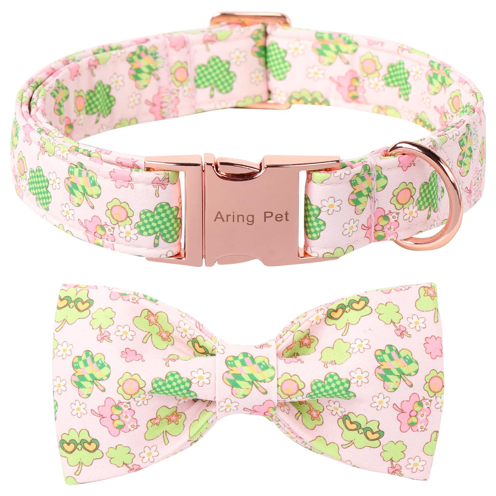 Collar Aring Pet con lazo de Dia de San Patricio en rosa y trebol, ideal para paseos.