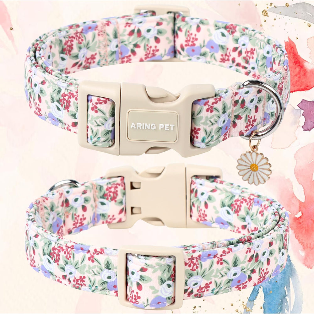 Aring Pet collar floral morado con cierre rápido, fácil de usar.