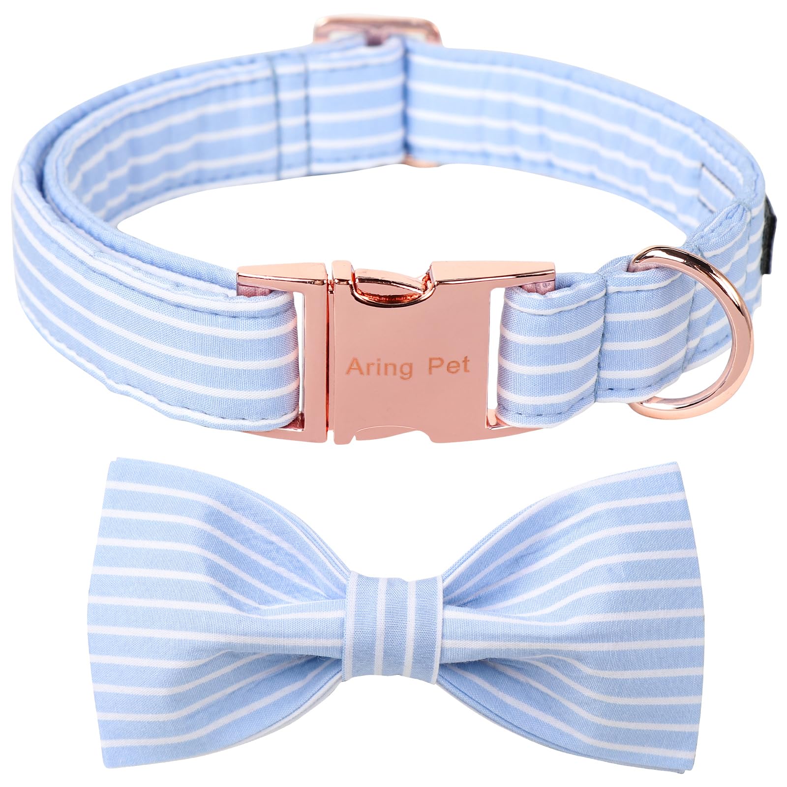 Collar Aring Pet con lazo azul y rayas, cómodo para uso diario.