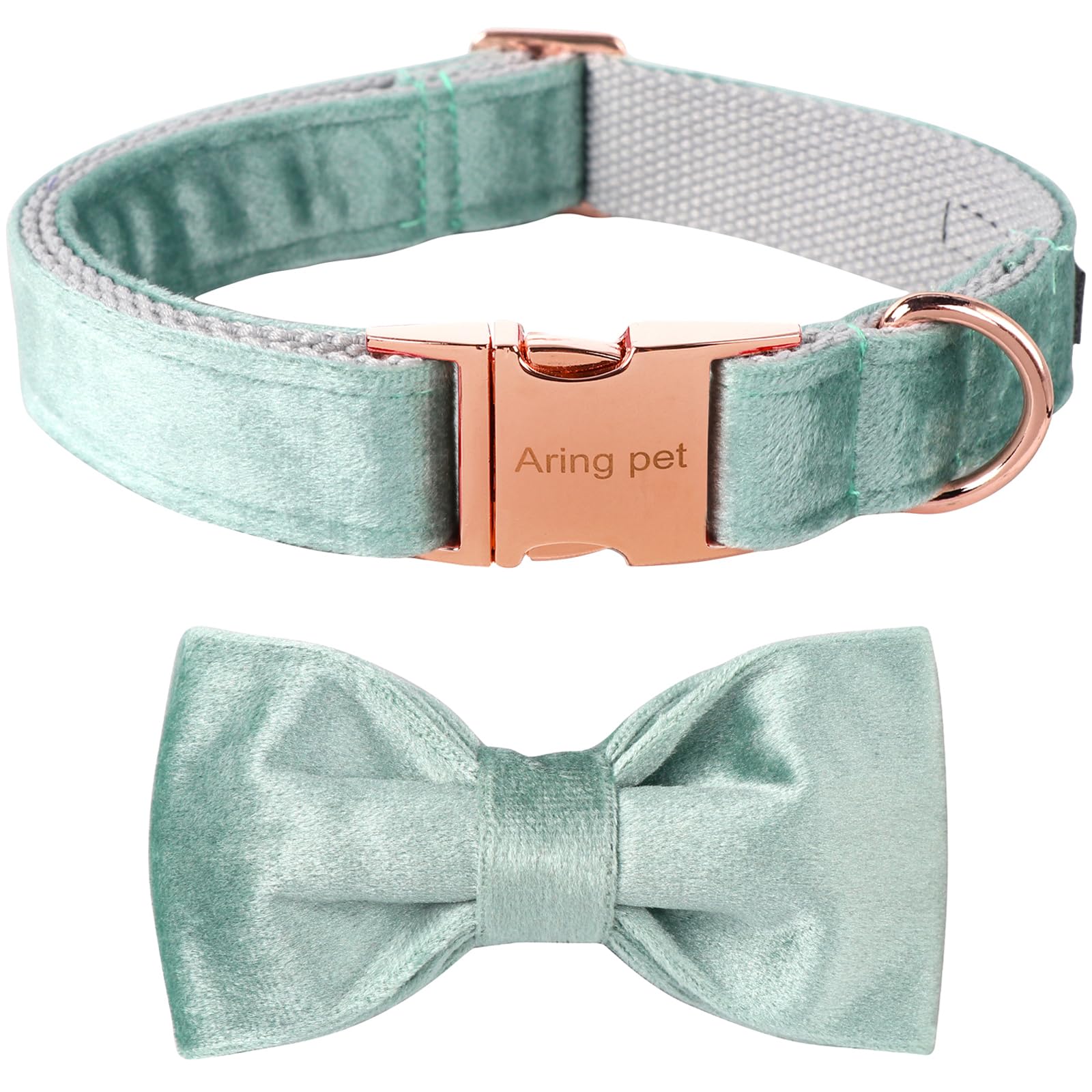 Collar Aring Pet de terciopelo verde con lazo, suave y cómodo.