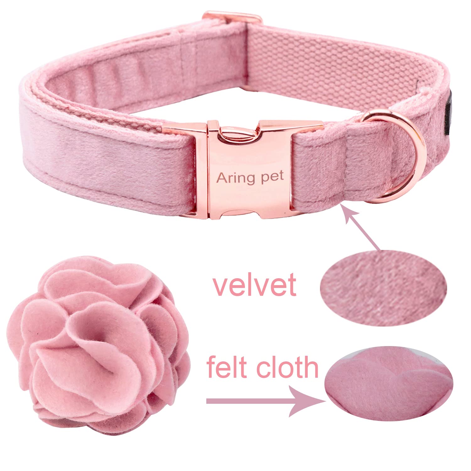 Aring Pet Velvet rosa con anilla en D para etiquetas y correa.