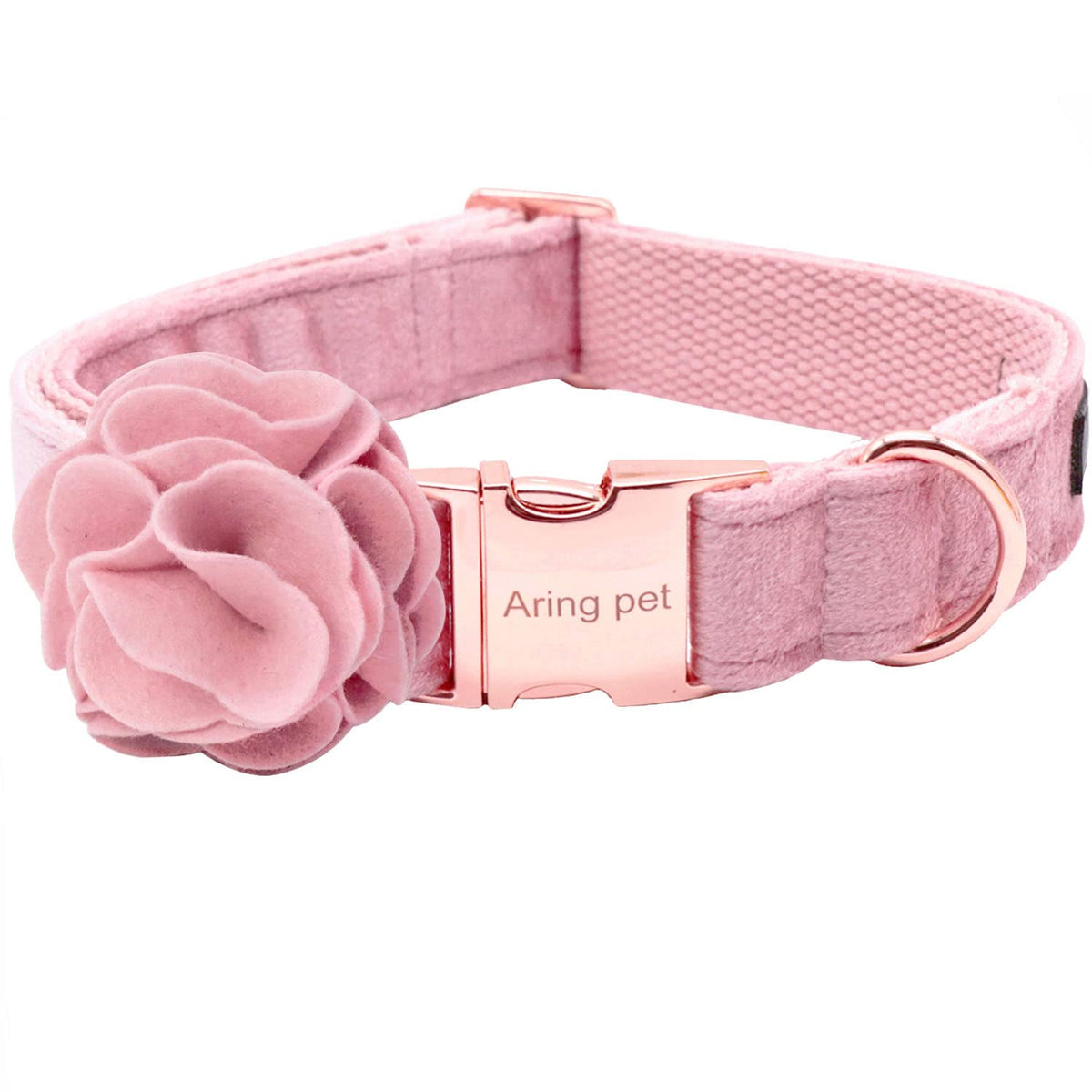 Aring Pet Velvet rosa con flores desmontables, collar suave para paseos diarios.