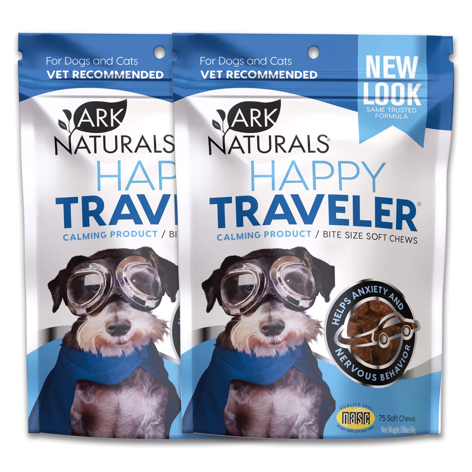 ARK NATURALS Happy Traveler Calming Chews, empaque visible, calman ansiedad durante viajes en perros y gatos.