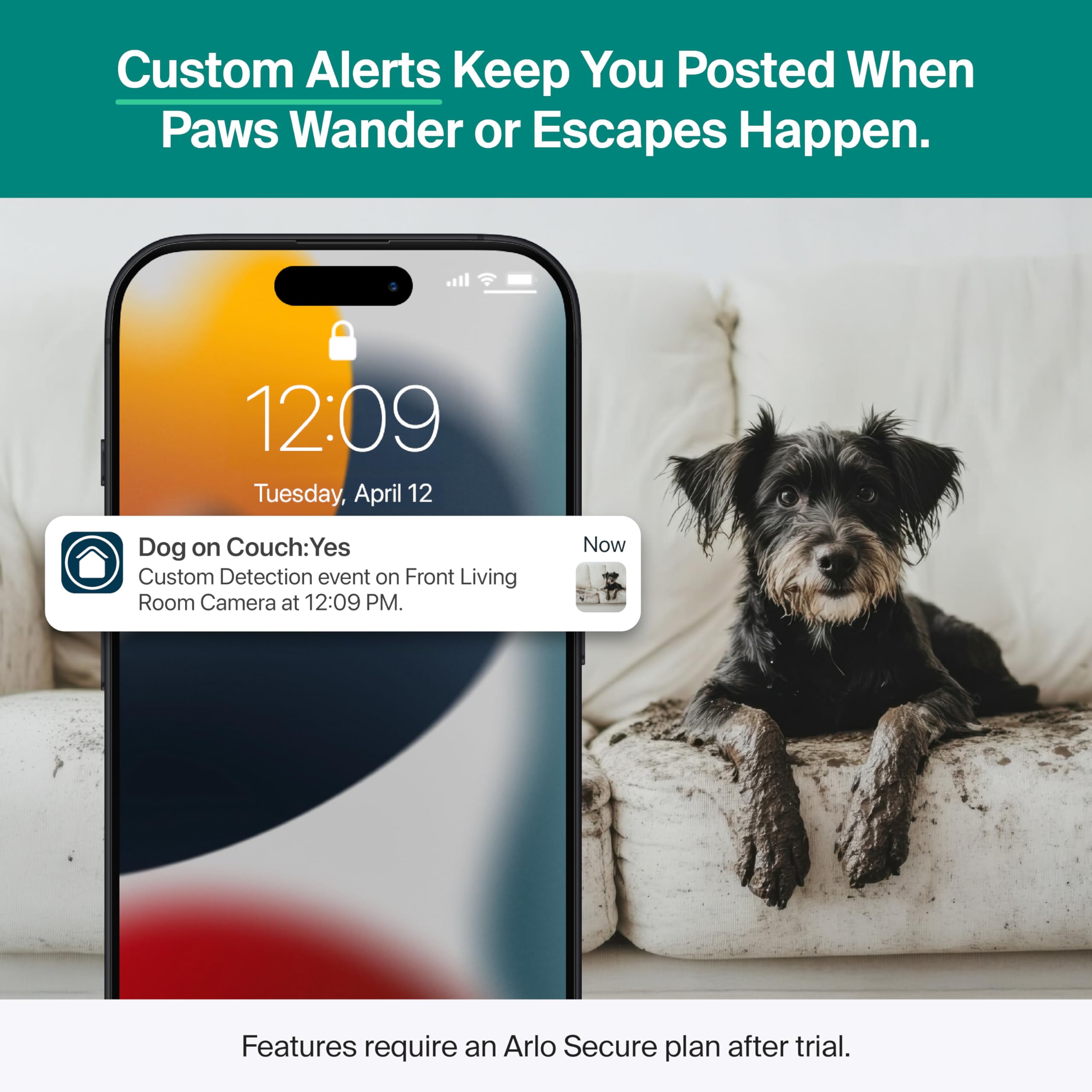 Arlo Essential alerta personalizada de detección inteligente para eventos relevantes.