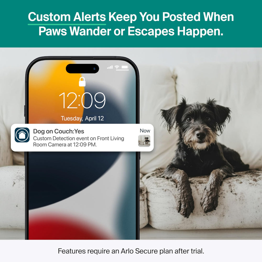 Arlo Essential alerta personalizada de detección inteligente para eventos relevantes.