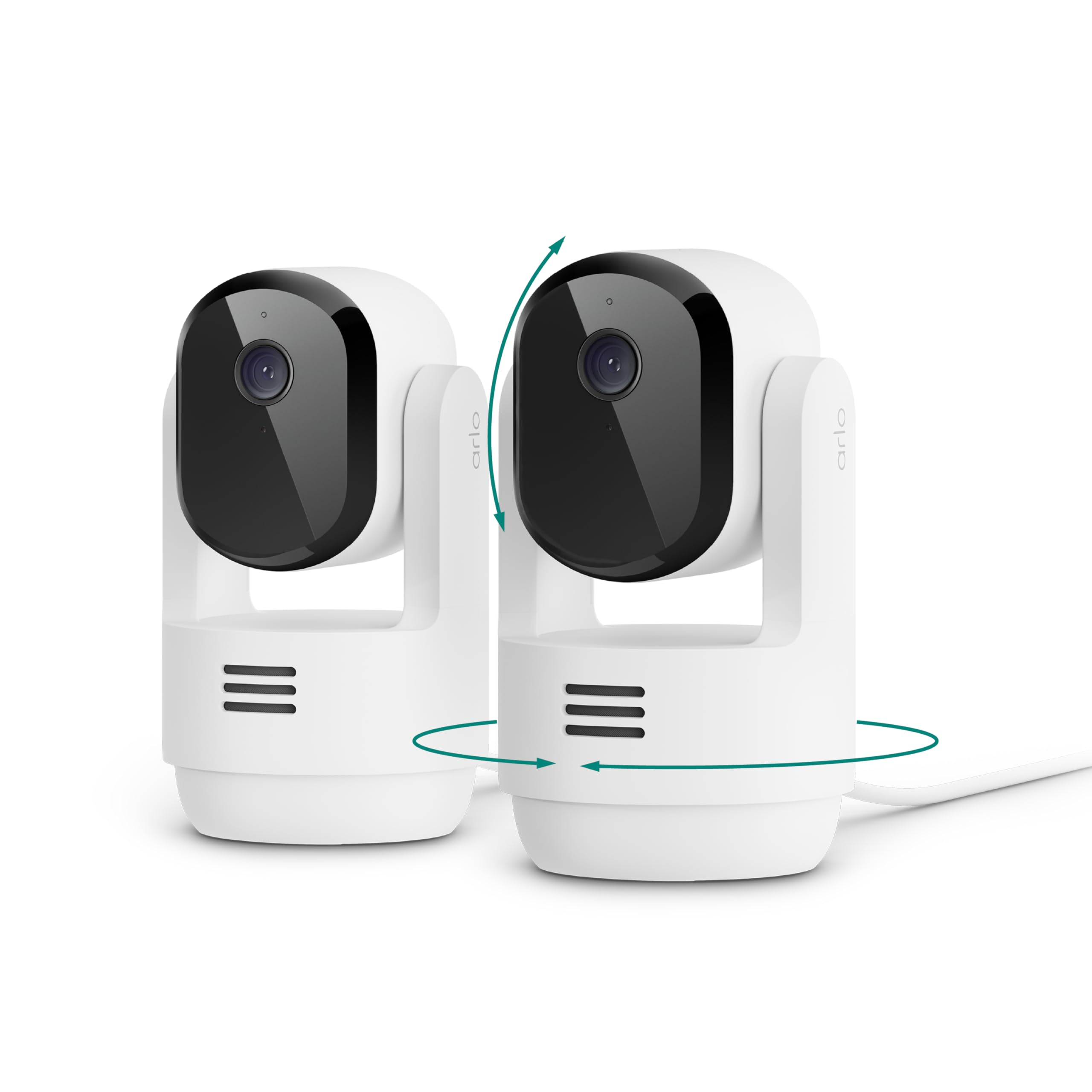 Arlo Essential camara interna 2K con alimentación enchufada para vigilancia continua.
