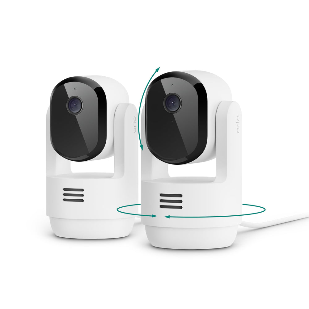 Arlo Essential camara interna 2K con alimentación enchufada para vigilancia continua.