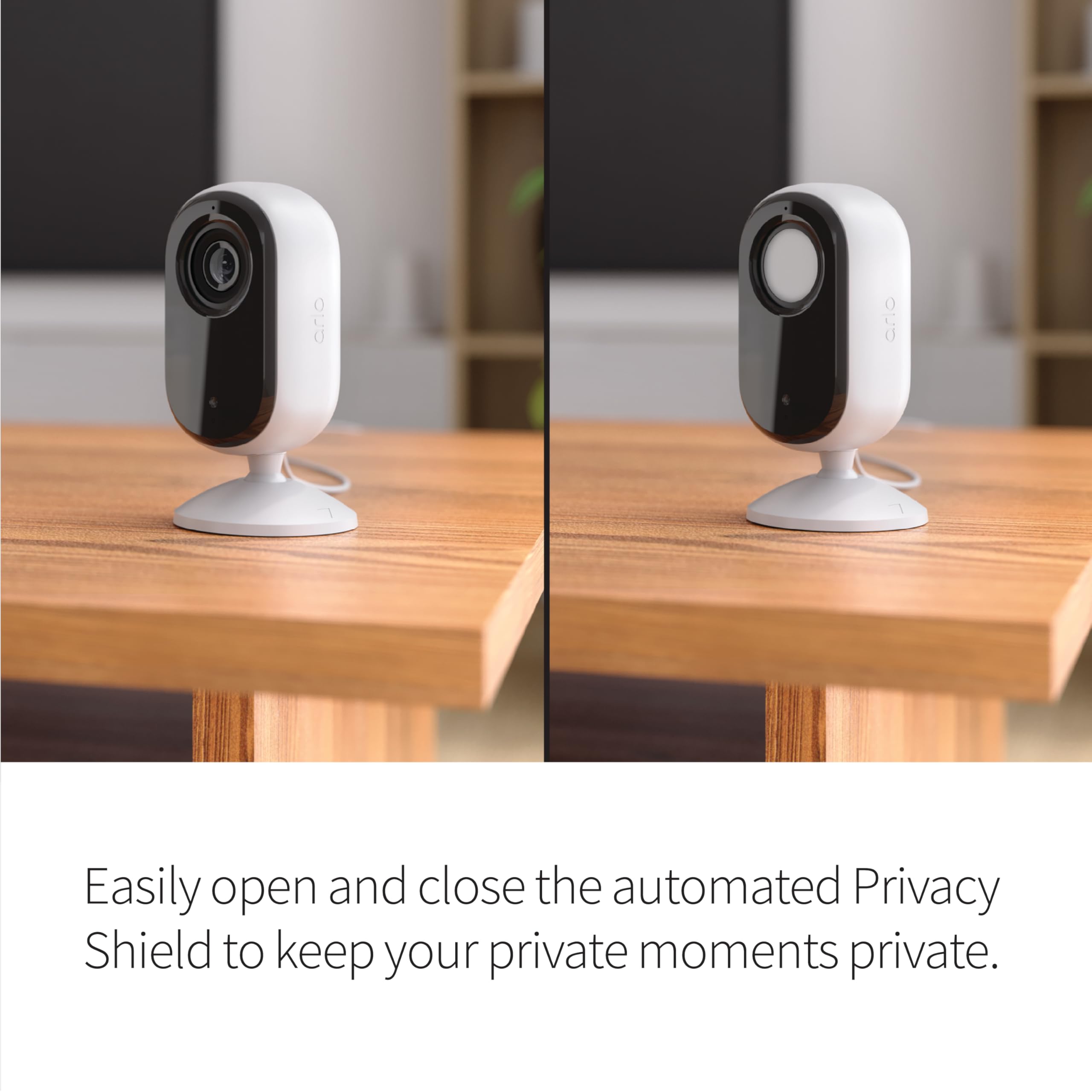 Arlo Essential cámara interior con detección de movimiento y alertas en tiempo real.