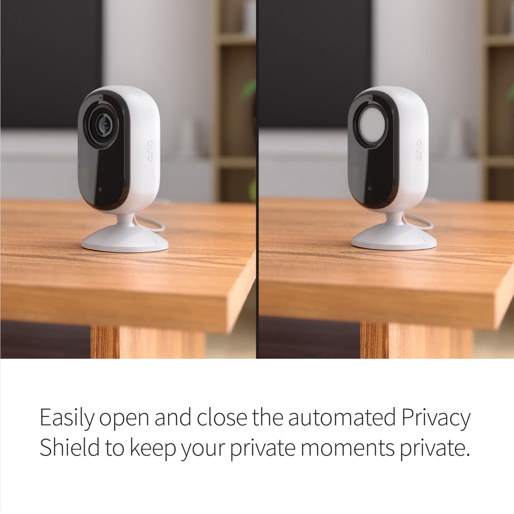 Arlo Essential cámara interior con detección de movimiento y alertas en tiempo real.