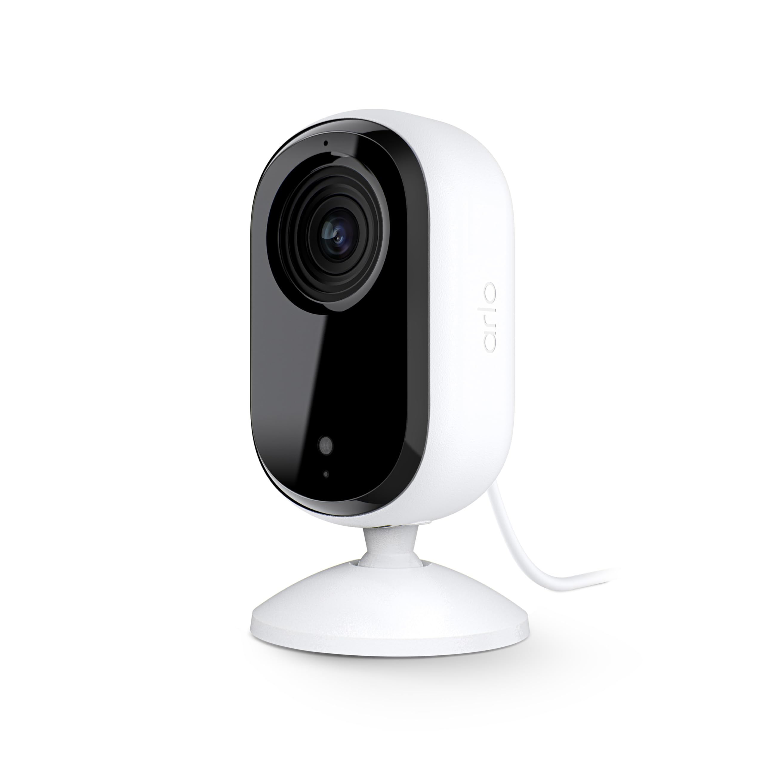 Arlo Essential cámara interior vista frontal para vigilancia clara en cualquier habitación.