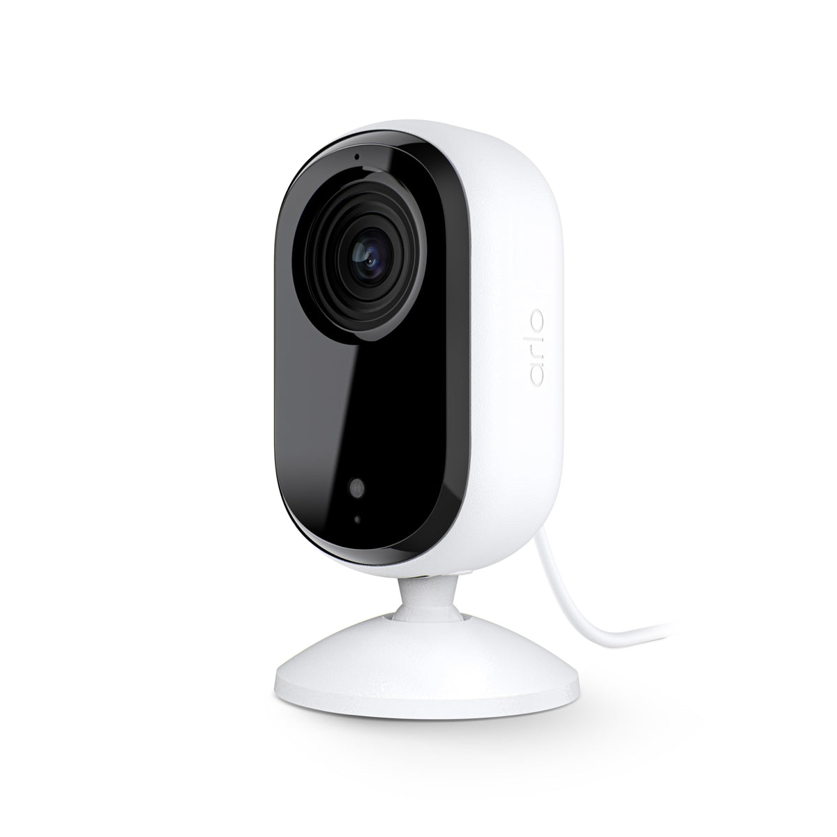 Arlo Essential cámara interior vista frontal para vigilancia clara en cualquier habitación.