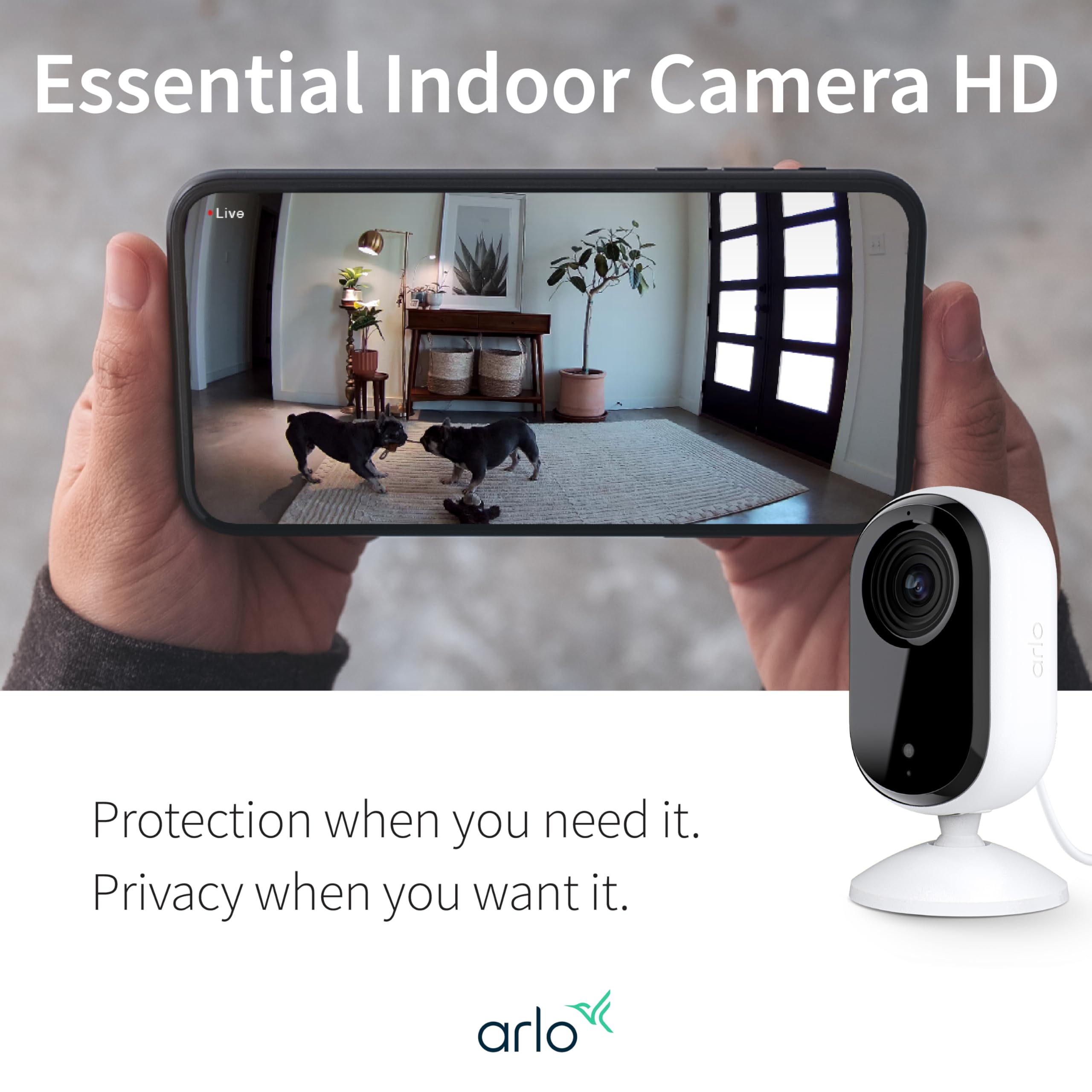 Arlo Essential cámara interior ofrece visión amplia para monitorear zonas grandes del hogar.