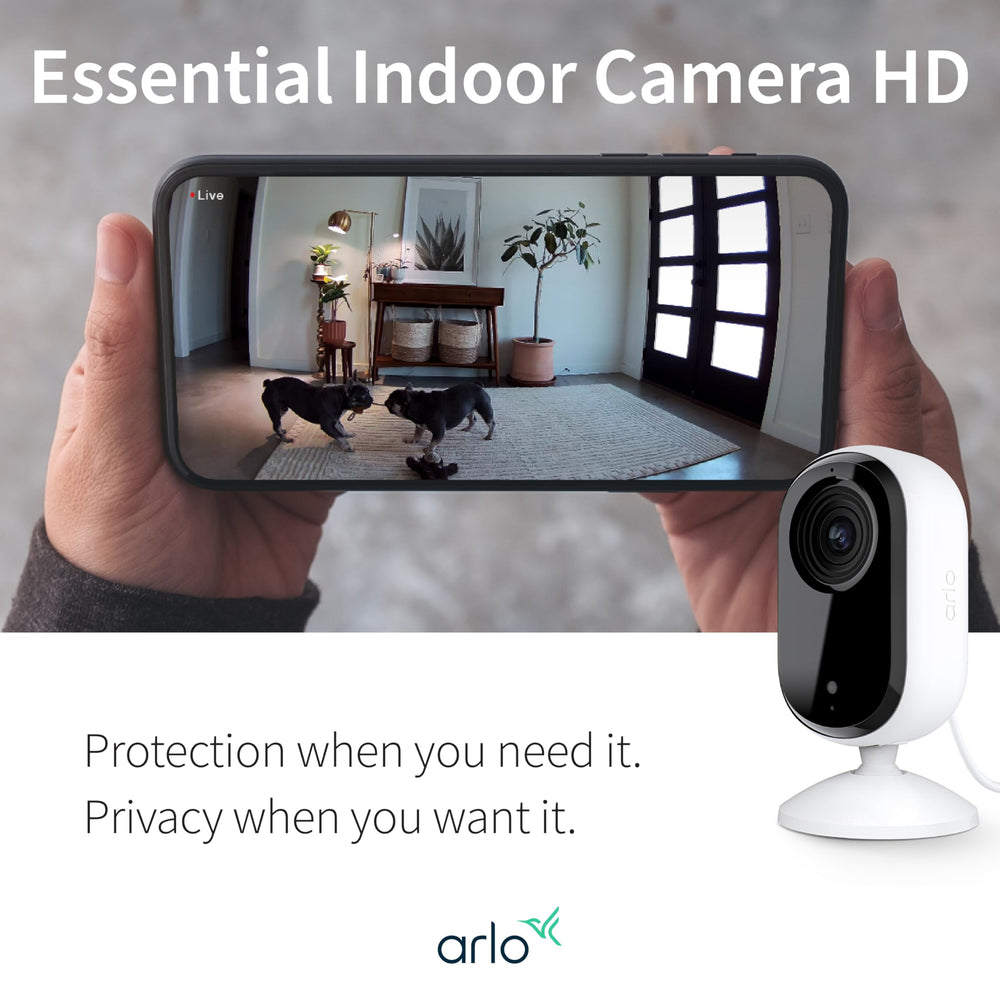 Arlo Essential cámara interior ofrece visión amplia para monitorear zonas grandes del hogar.