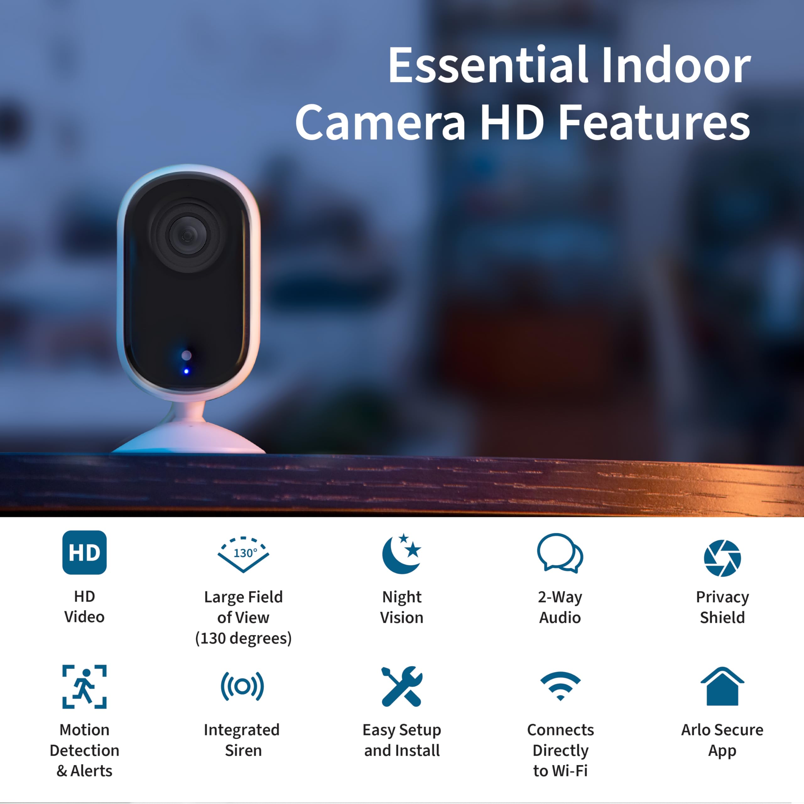 Arlo Essential cámara interior con visión nocturna para imágenes nítidas en poca luz.