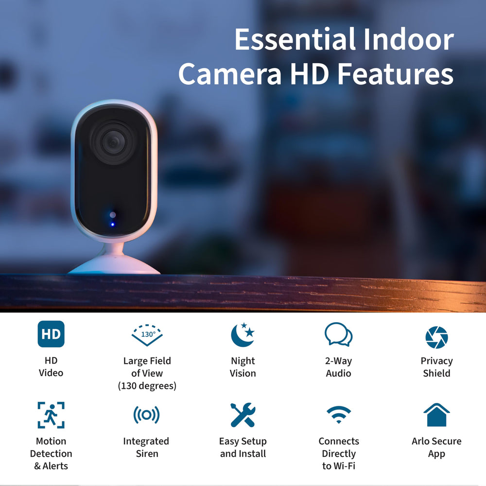 Arlo Essential cámara interior con visión nocturna para imágenes nítidas en poca luz.