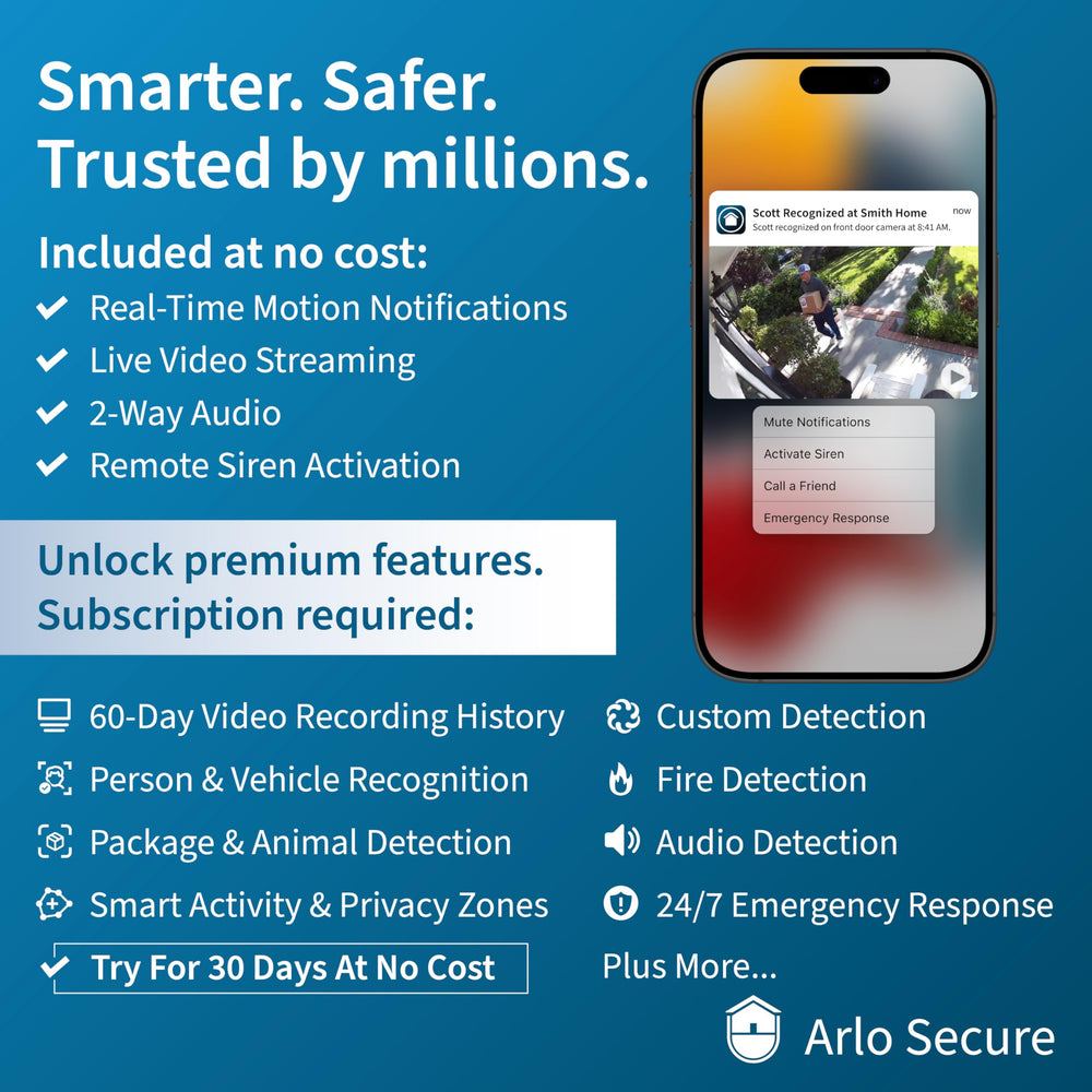 Arlo Essential cámara interior con audio bidireccional para conversar con familiares o mascotas.