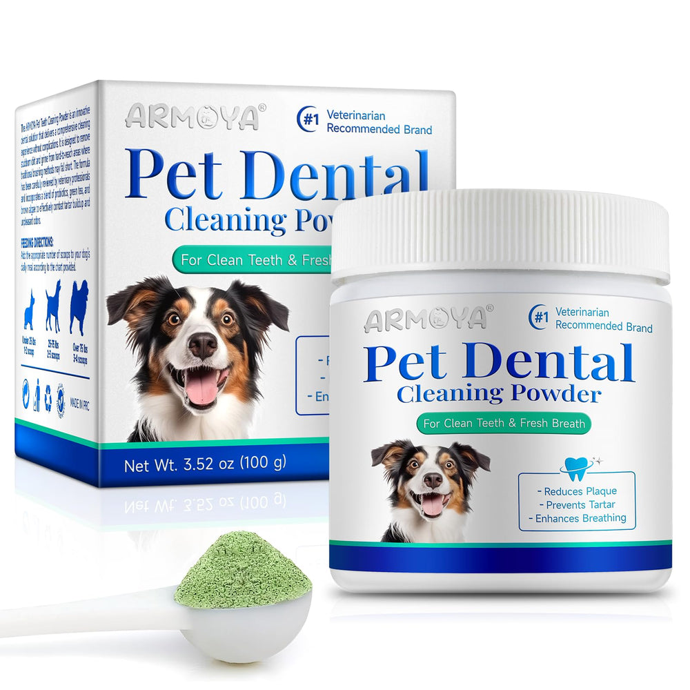 ARMOYA Polvo Dental para Perros, envase abierto, promueve higiene bucal diaria.