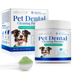 ARMOYA Polvo Dental para Perros, envase abierto, promueve higiene bucal diaria.