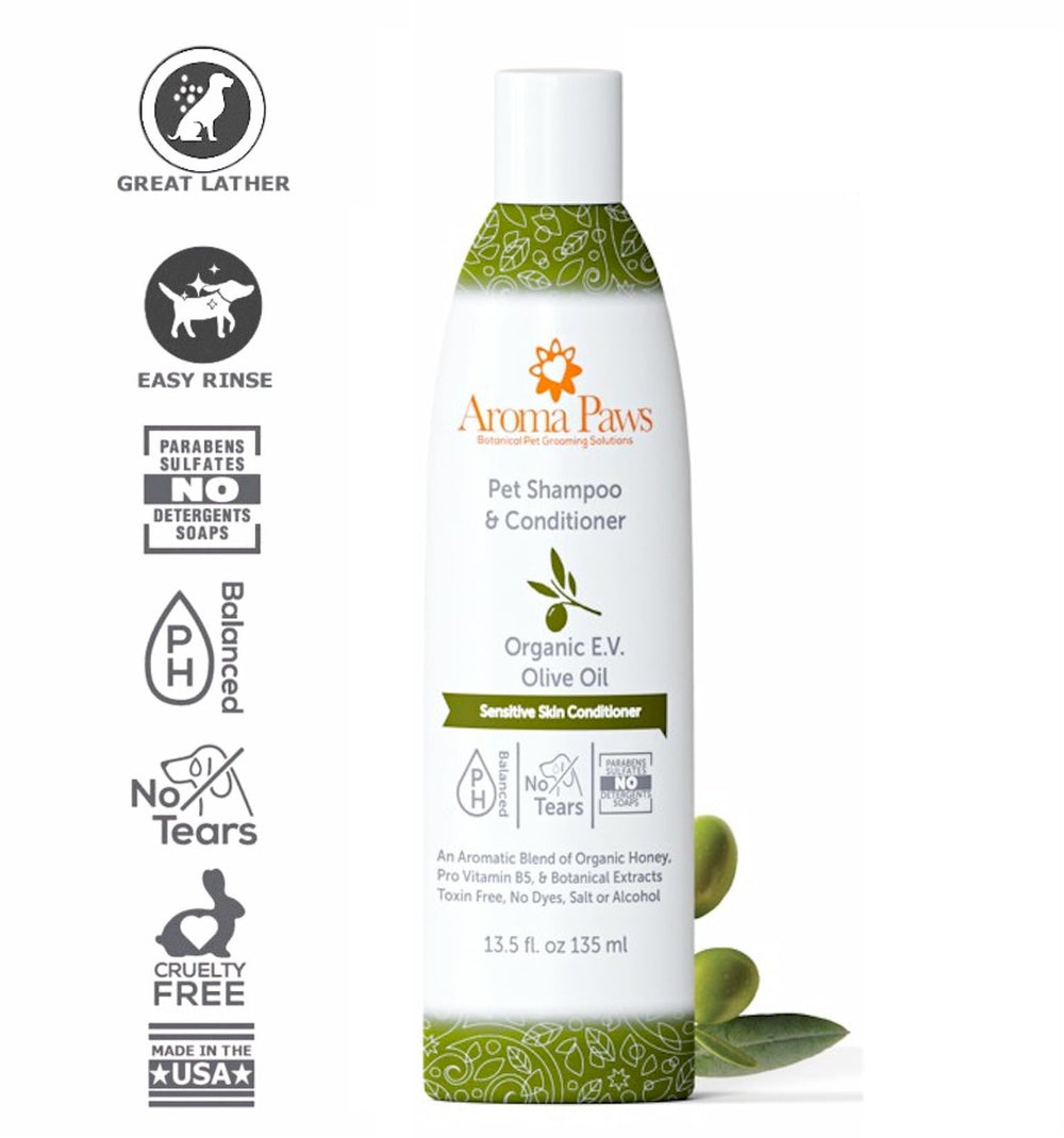 Aroma Paws acondicionador para perros, cabello suave y brillo natural.