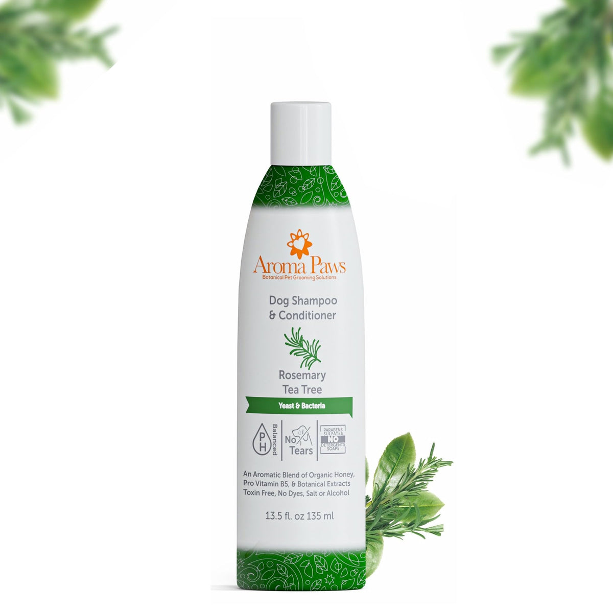 Aroma Paws shampoo para perros, botella frontal, limpieza suave y aroma fresco.