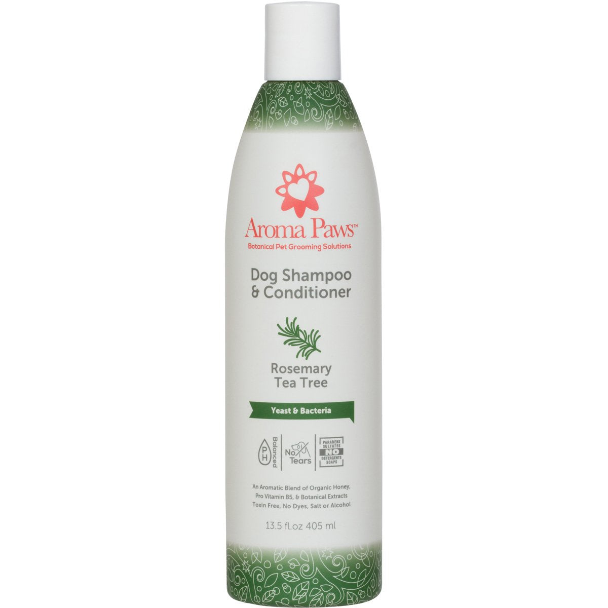 Aroma Paws shampoo para perros, ingredientes naturales visibles, brillo del pelaje.