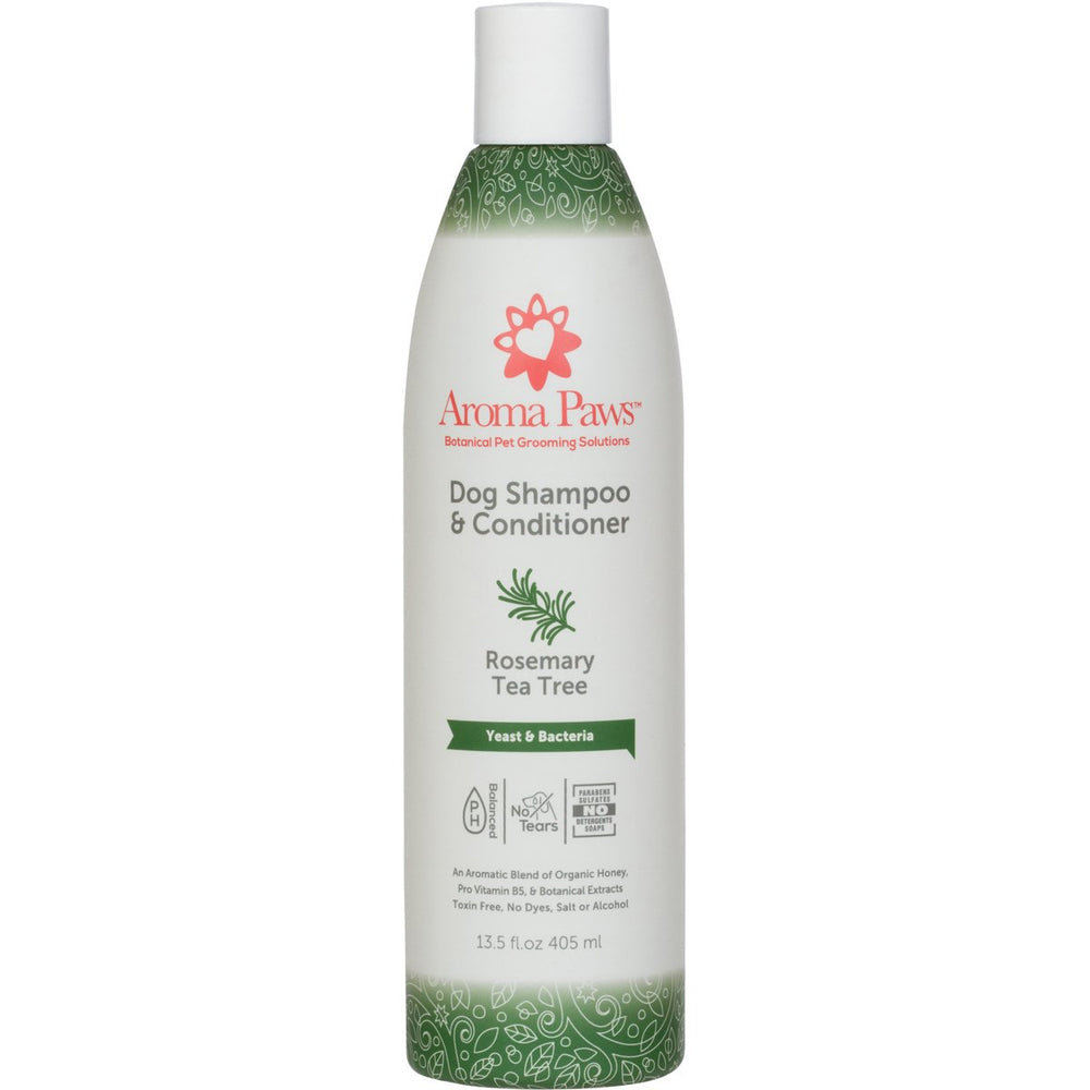 Aroma Paws shampoo para perros, ingredientes naturales visibles, brillo del pelaje.