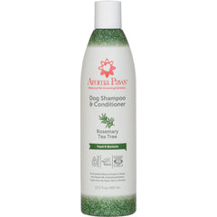 Aroma Paws shampoo para perros, ingredientes naturales visibles, brillo del pelaje.