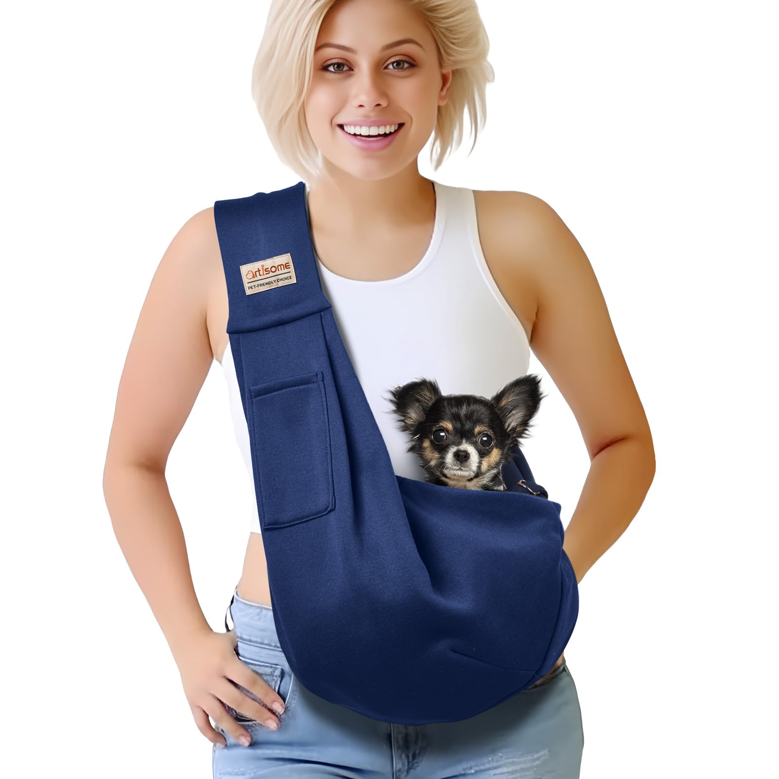 Artisome Sling para perro con cierre de seguridad durante el transporte.