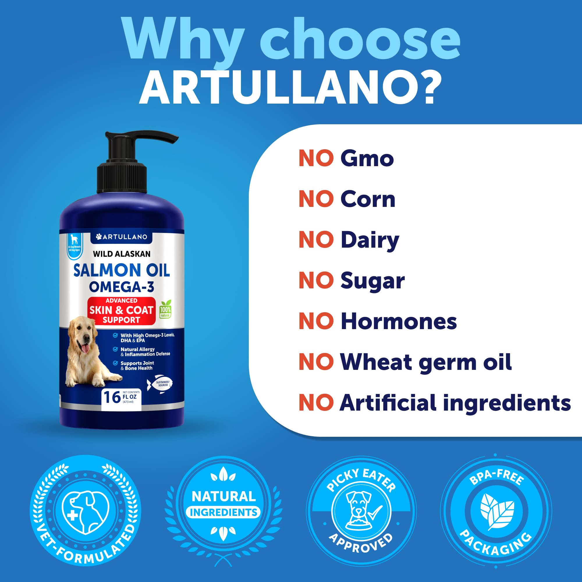 Artullano Aceite de Salmón para perros, apoyo a articulaciones y huesos fuertes.