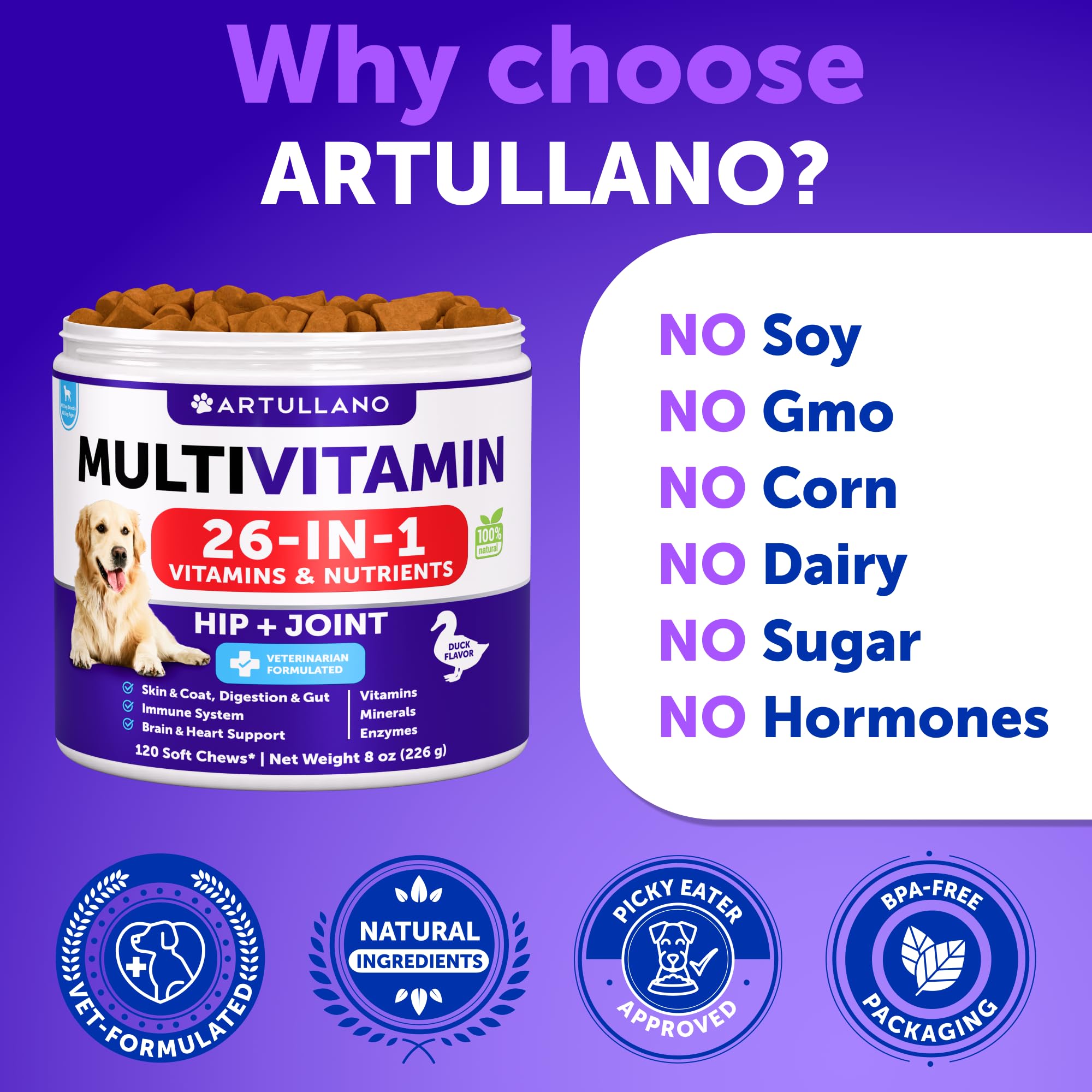 Artullano Dog Multivitamin 26 en 1, refuerzo inmunológico diario.