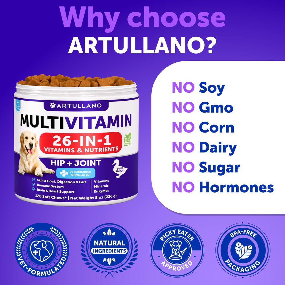 Artullano Dog Multivitamin 26 en 1, refuerzo inmunológico diario.
