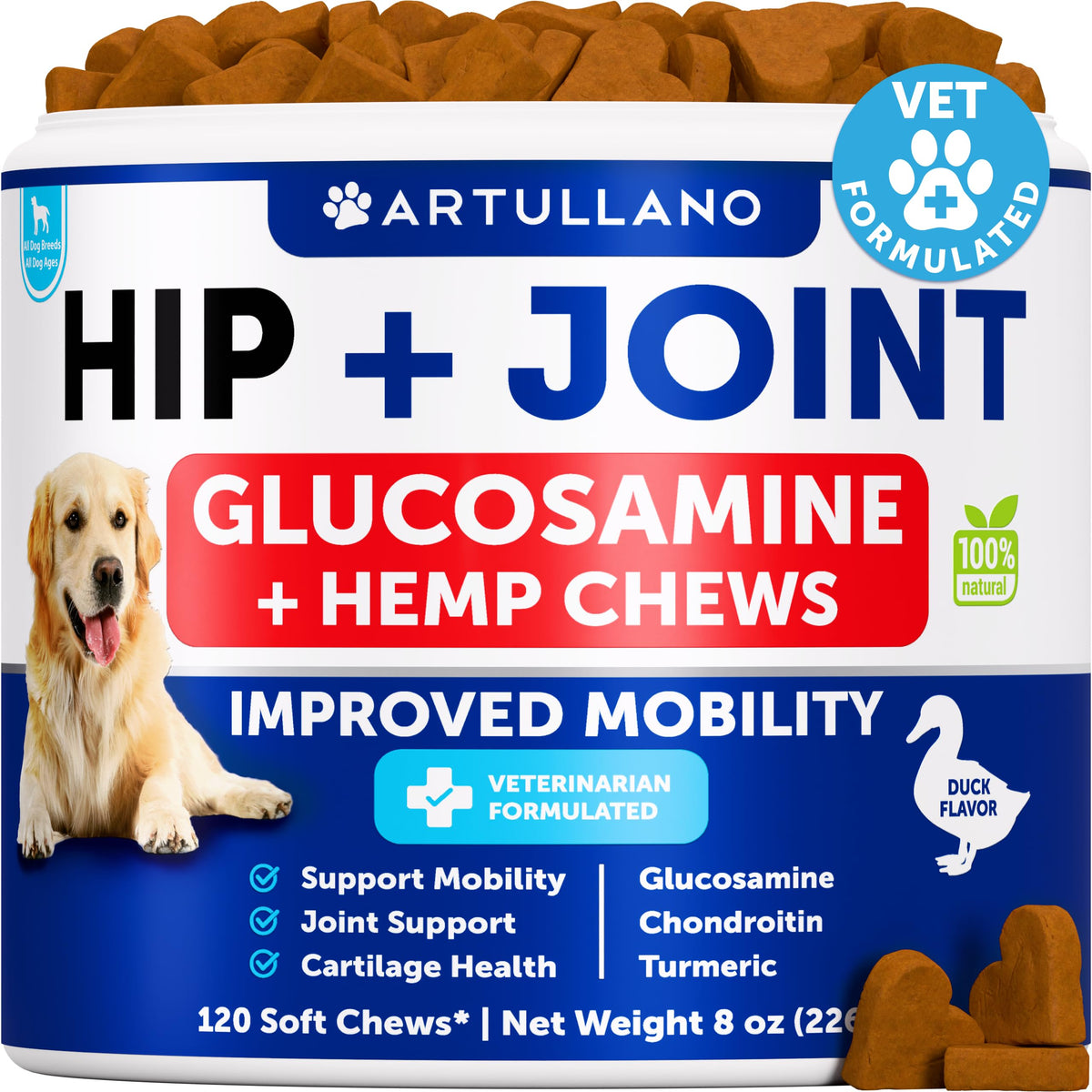 Artullano suplemento caderas para perros, empaque práctico para almacenamiento.