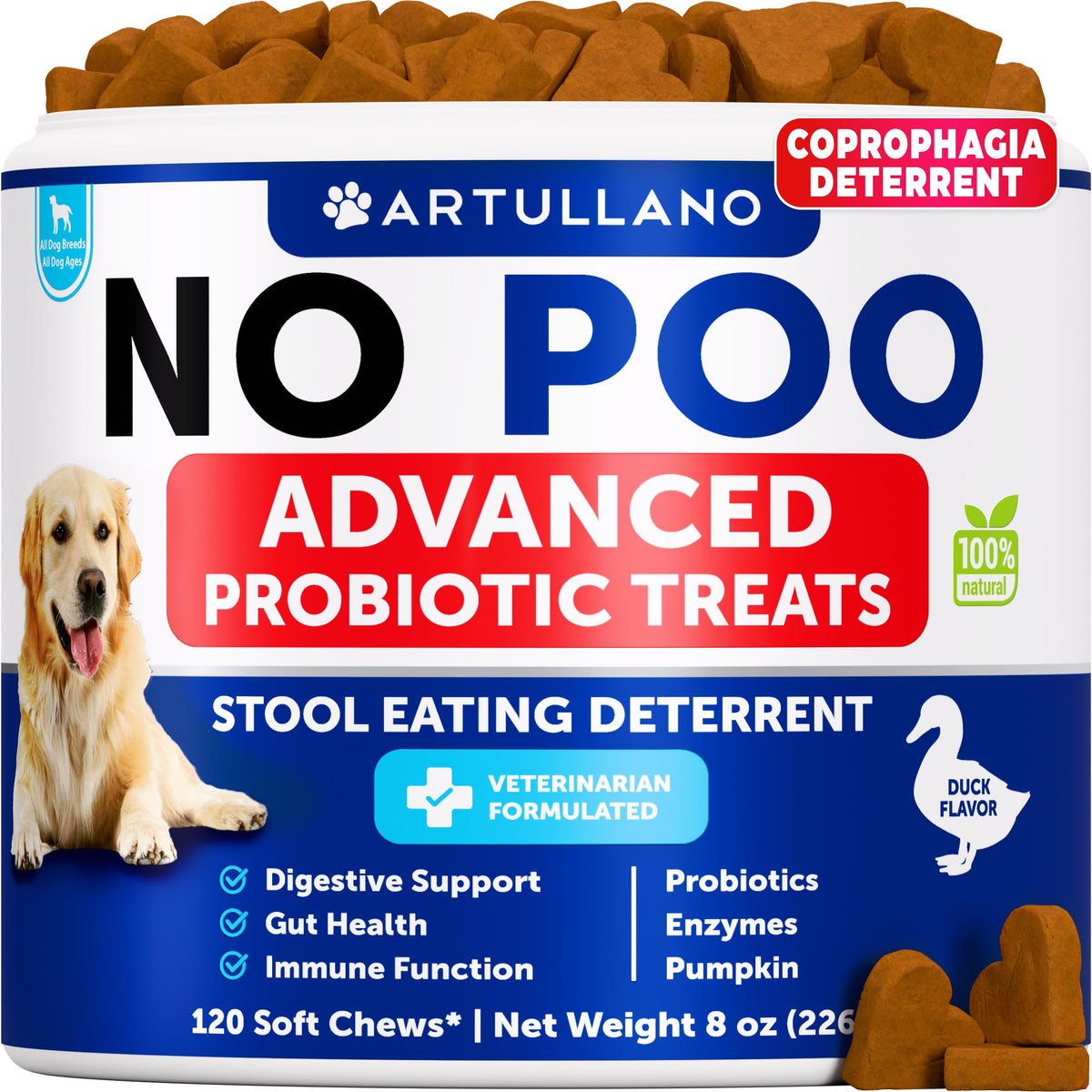 Artullano Masticables No Heces, paquete frente, apoya digestión saludable en perros.