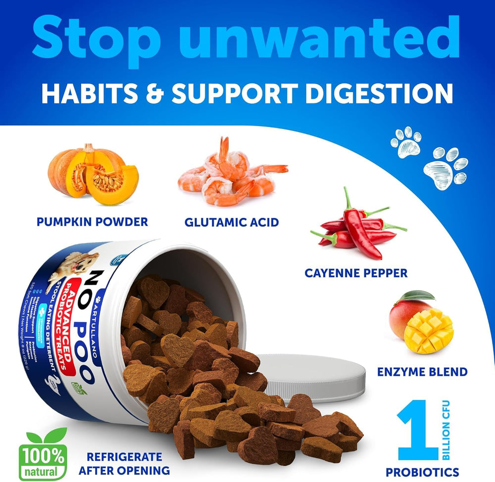 Artullano Masticables No Heces, perro feliz tras uso constante, apoyo digestivo ligero.