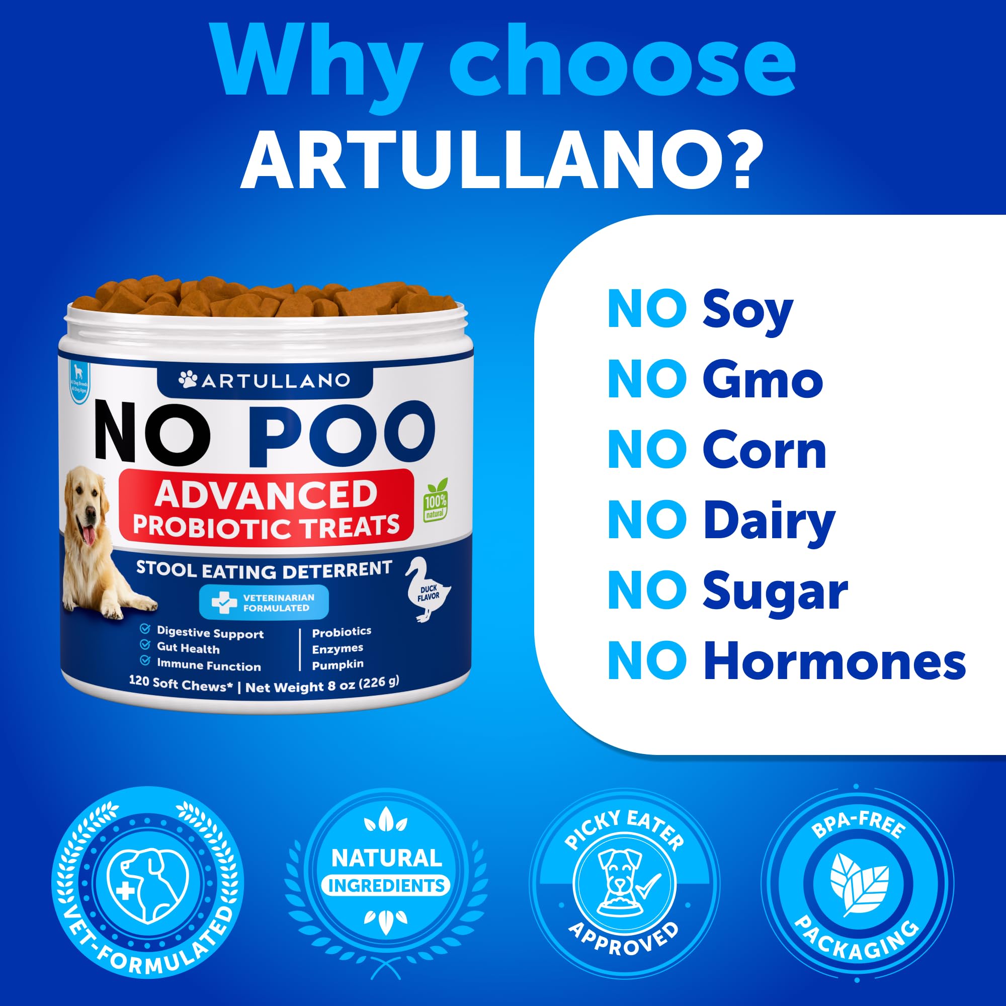 Artullano Masticables No Heces, tamaño de porción mostrado, ayuda a hábitos sanos.