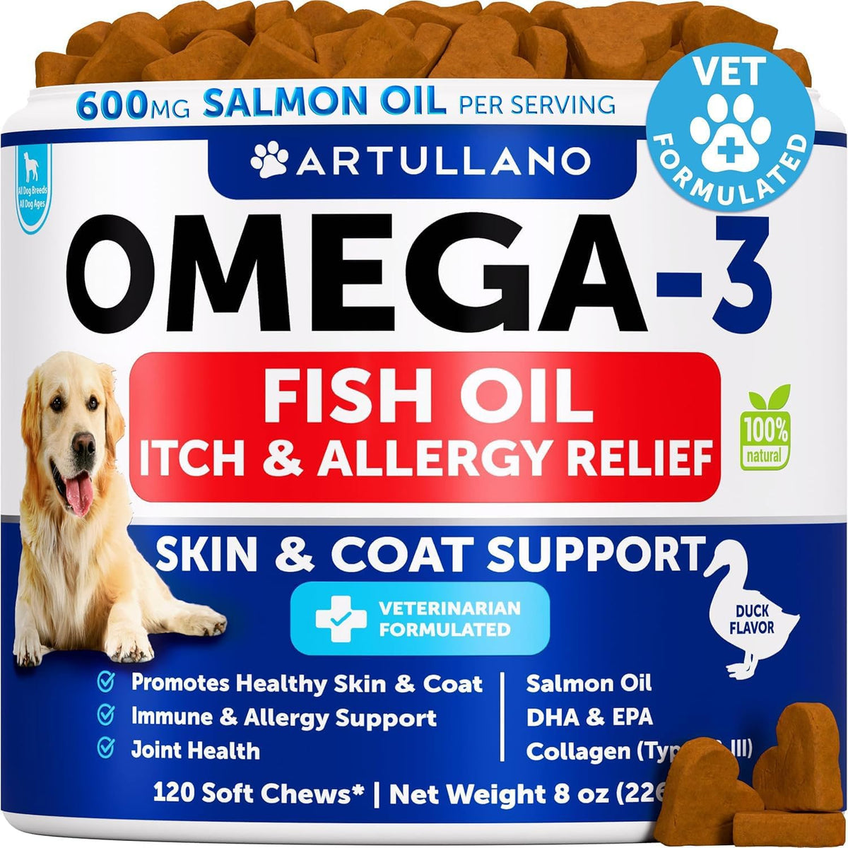 Artullano Omega 3 para perros, bocaditos suaves que apoyan un pelaje saludable.