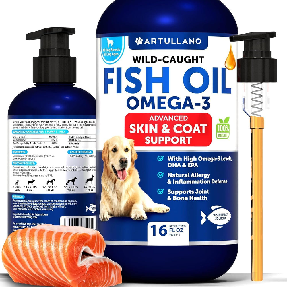Artullano Omega 3 para perros, botella vertiendo, piel saludable y pelaje brillante.