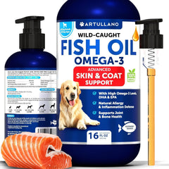 Artullano Omega 3 para perros, botella vertiendo, piel saludable y pelaje brillante.