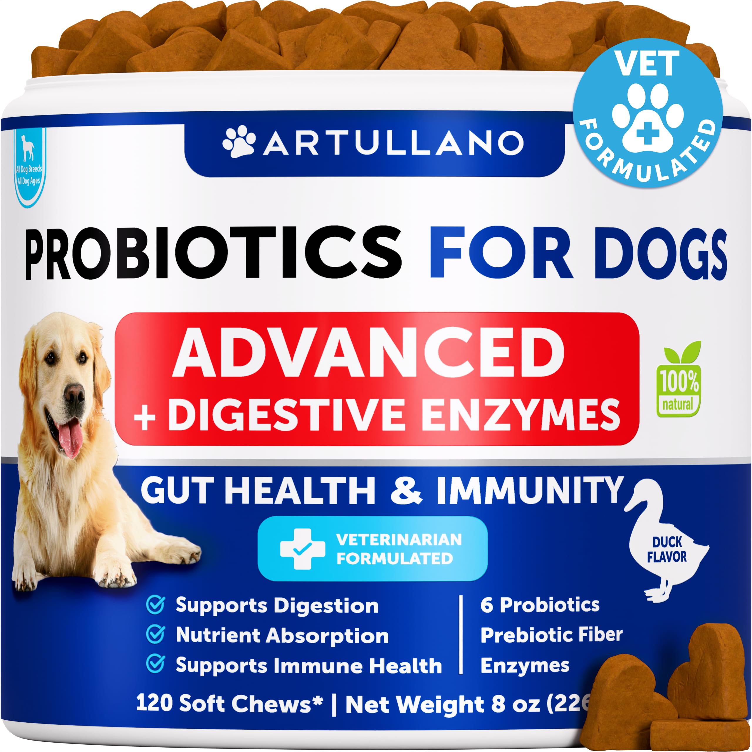 Artullano Probióticos para perros, enfoque digestivo, apoyo a la digestión y confort estomacal.