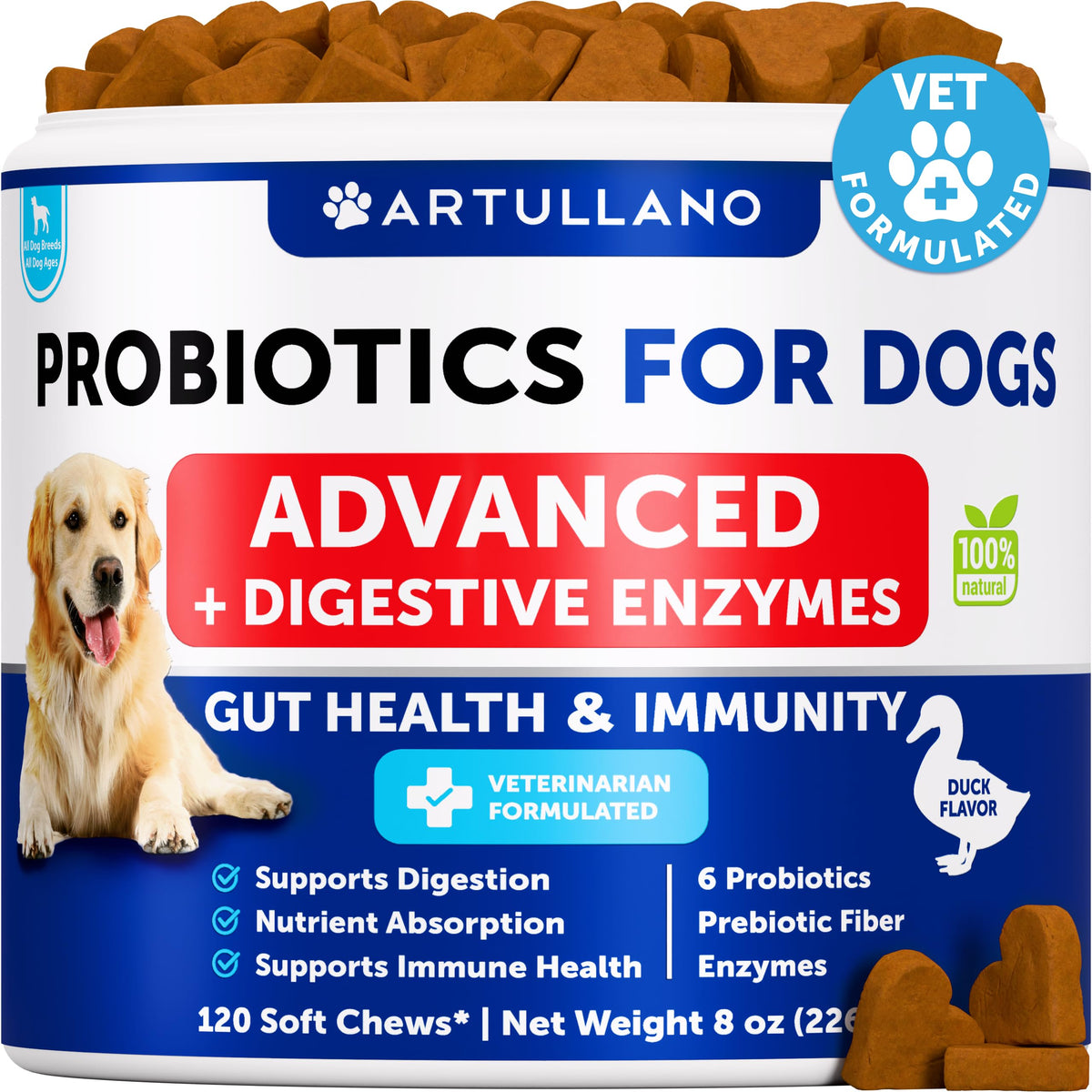 Artullano Probióticos para perros, enfoque digestivo, apoyo a la digestión y confort estomacal.