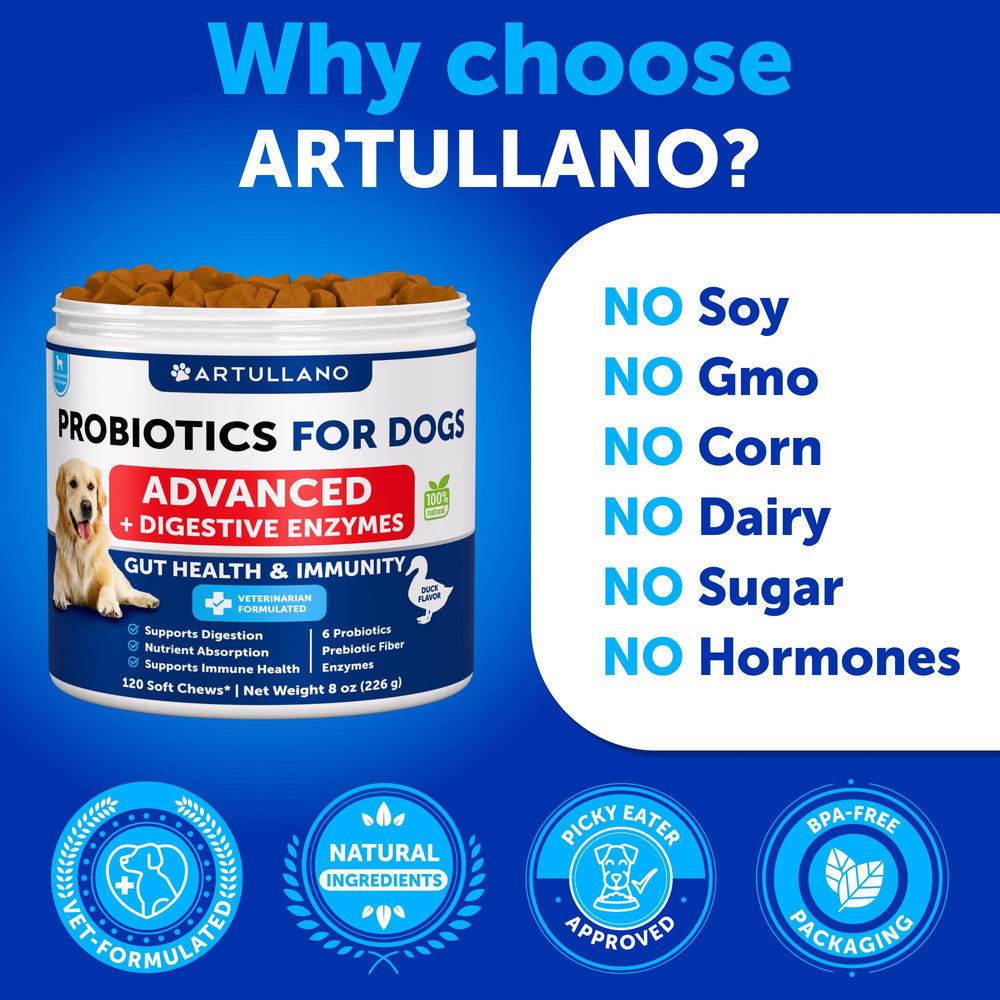 Artullano Probióticos para perros, ingredientes naturales sin colorantes artificiales.