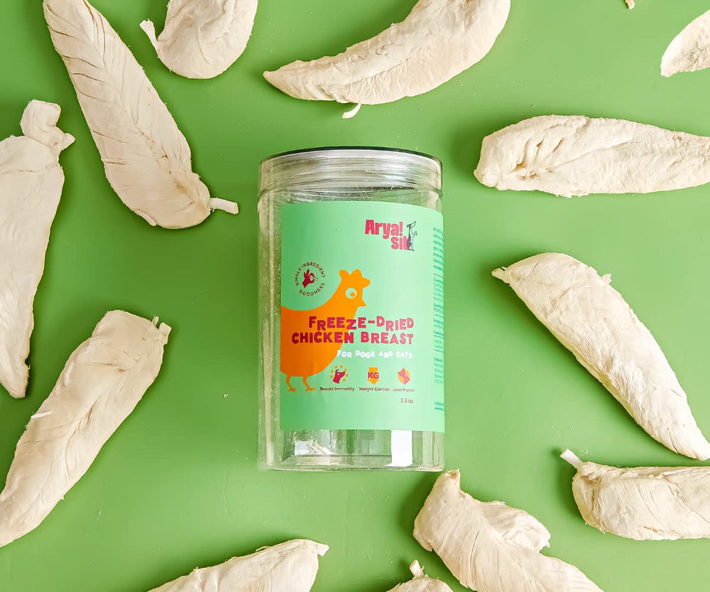 Arya Sit! trozos de pollo liofilizado para perros y gatos, snack sin granos.