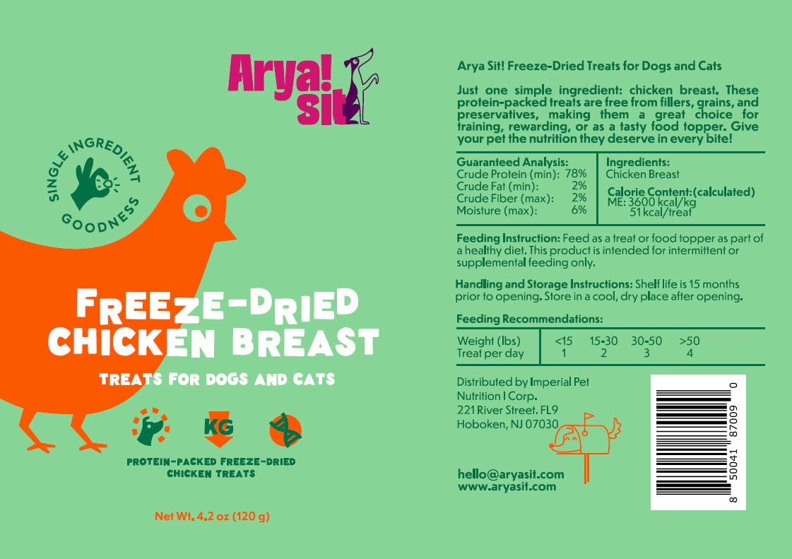 Arya Sit! tarro portátil de pollo liofilizado para paseos y viajes.