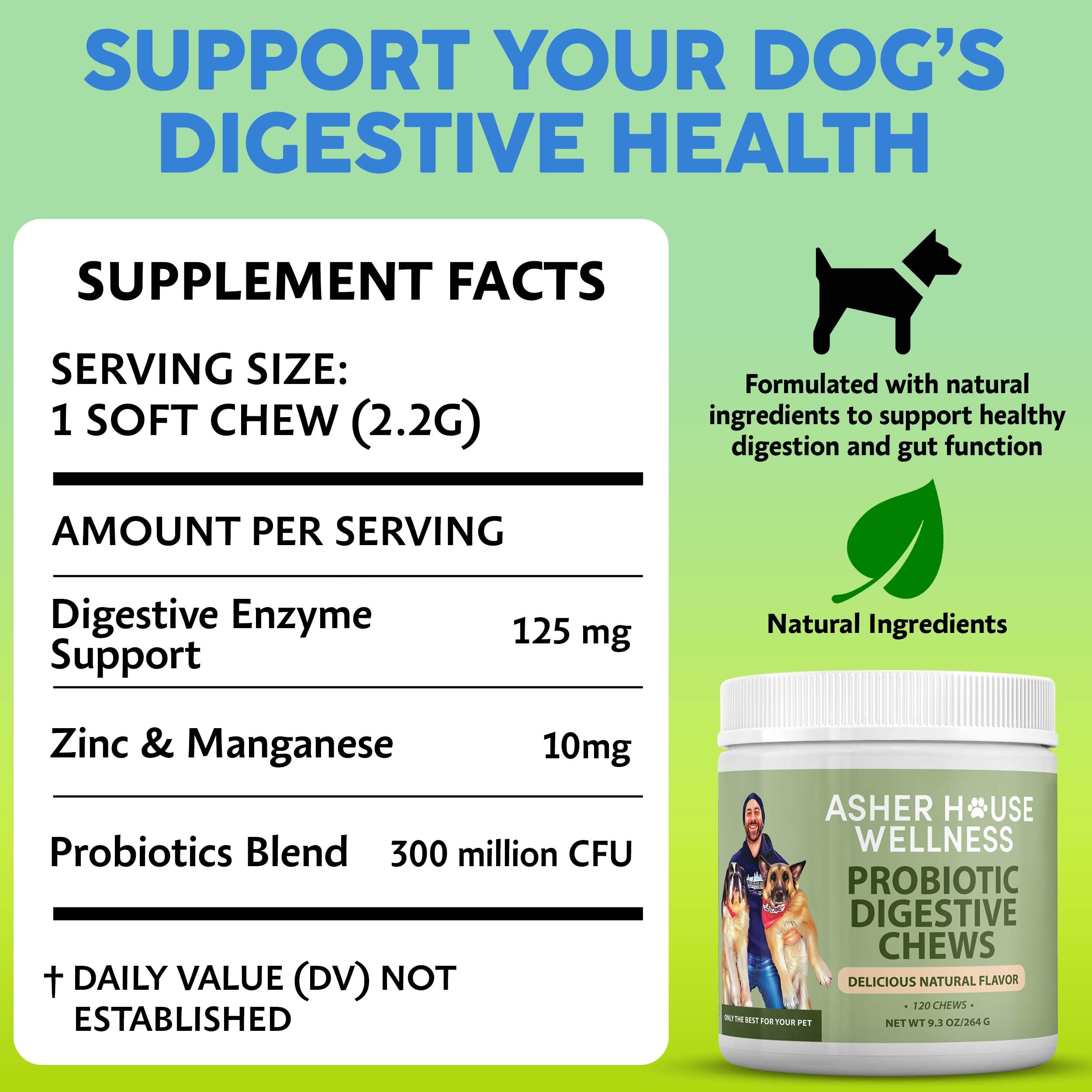 Asher House Wellness probióticos con enzimas para perros, posible alivio estomacal.