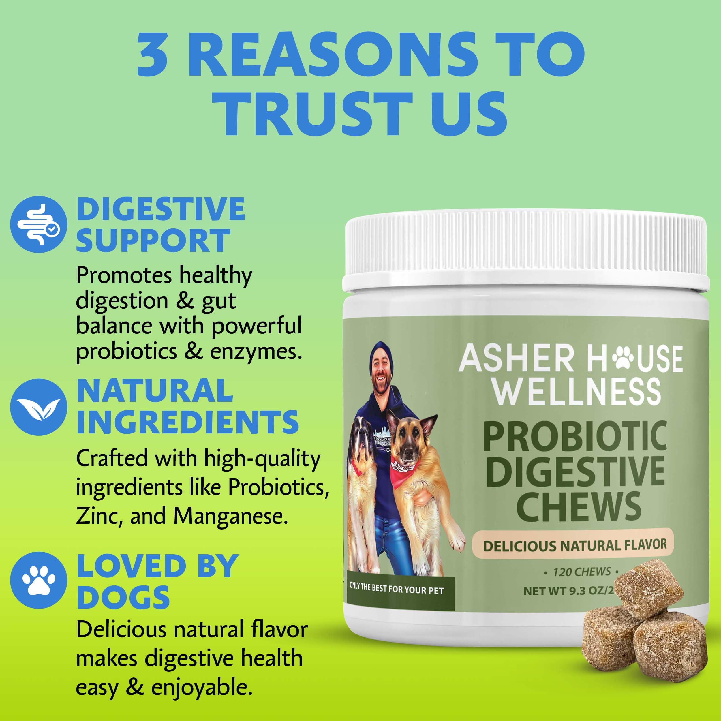 Asher House Wellness probióticos, textura suave para perros, rutina diaria fácil.
