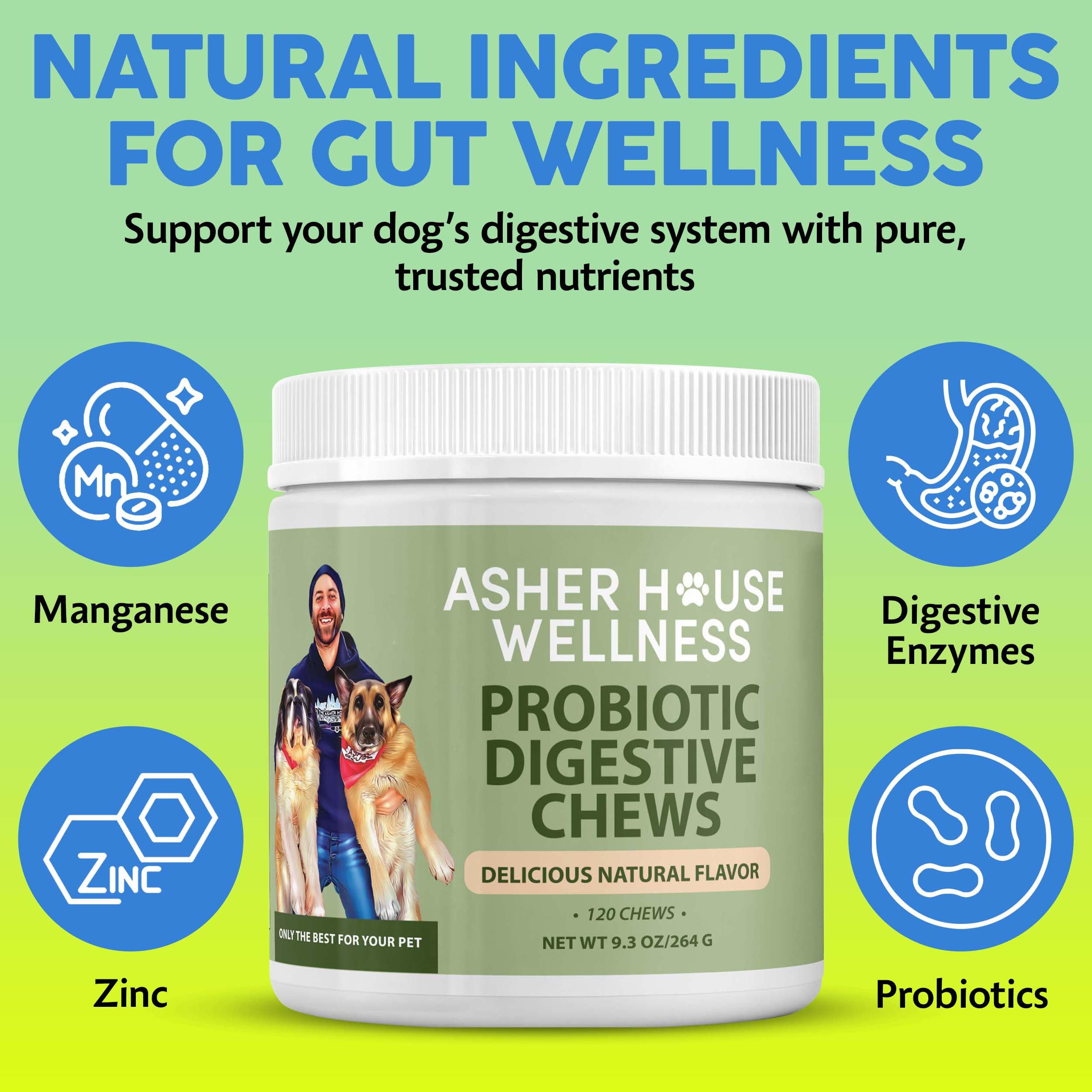 Asher House Wellness probióticos, aptos para todas las razas de perros.